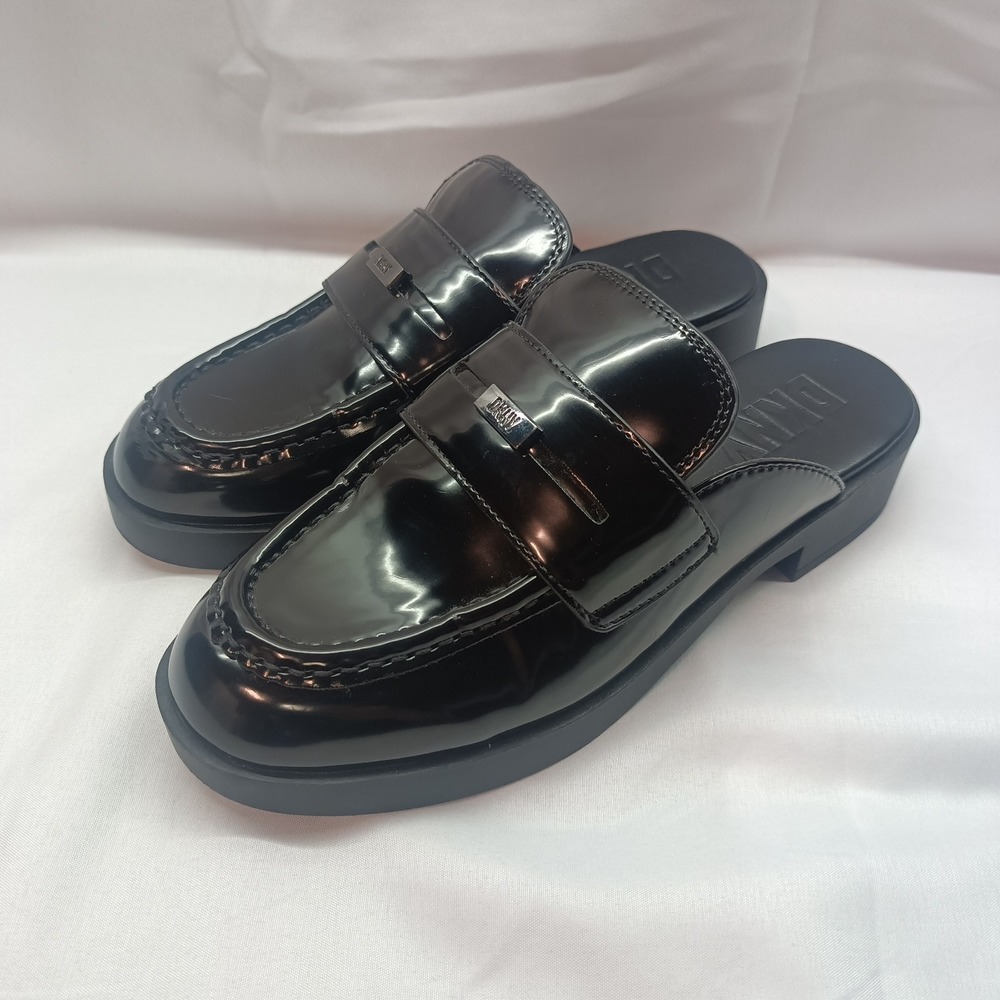 DKNY Loafer Mules Black Patent Leather Slip On Women 6.5M‎ Casual Office Y2K